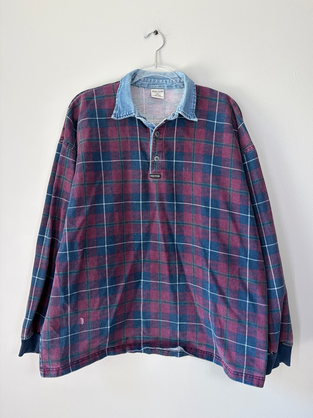 Structure Vintage Distressed Denim Collar Plaid Polo Shirt
